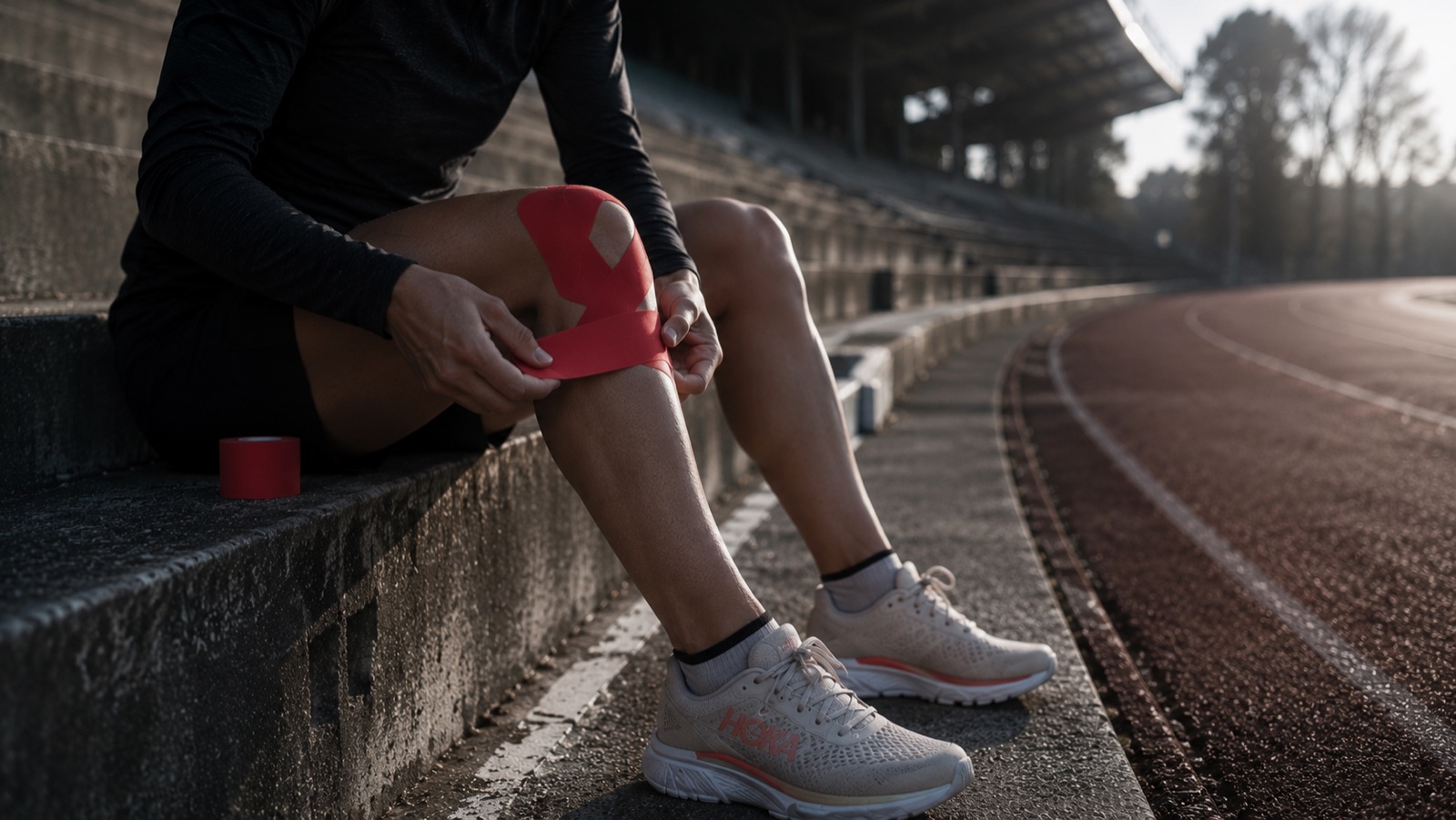 Recurring running injuries - a runner taping the same knee at an empty stadium