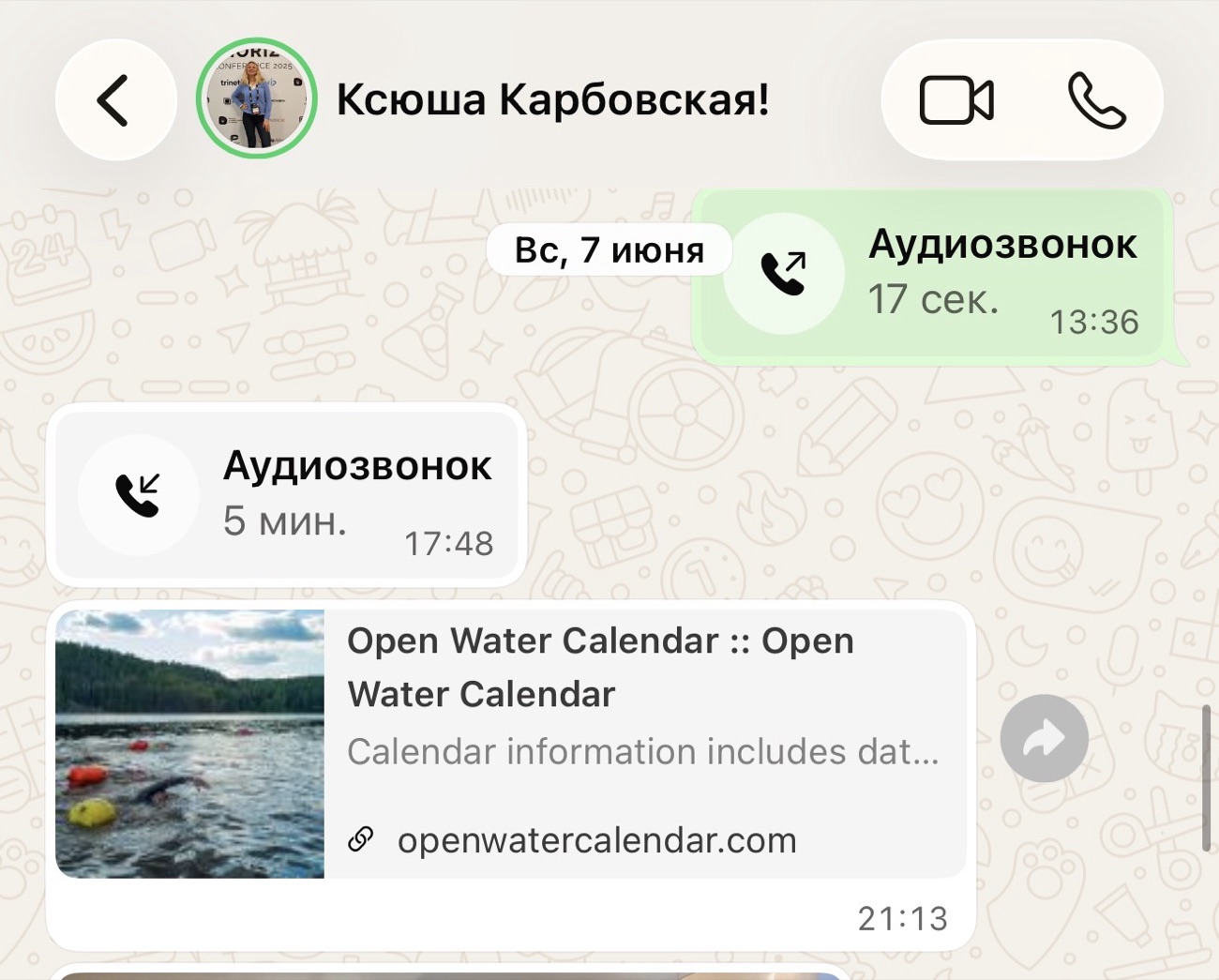 Скрин листування: Ксюша надсилає календар запливів